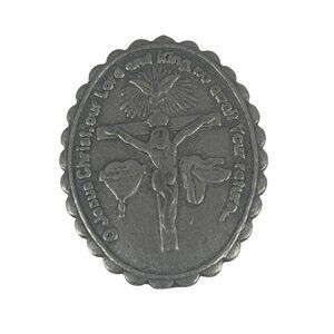 Antique Silver-Tone Religious Pocket Token With Crucifix & Sacred Heart Design